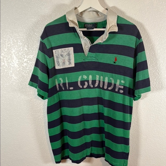 Polo Ralph Lauren Green & Blue Trashed Rugby Polo Patches Jersey Style Size XXL - Picture 1 of 7